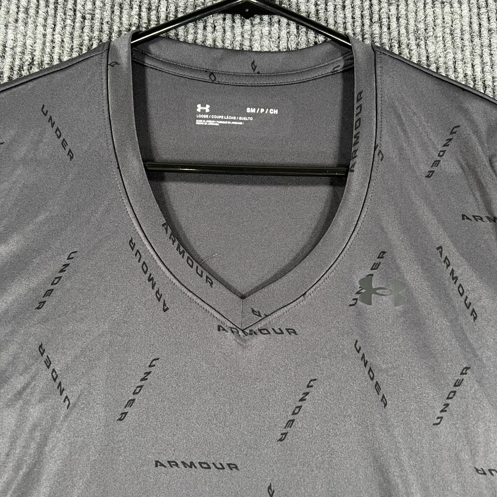 Under Armour Shirt Womens Small Black Geometric Loose Fit Short Sleeve V Neck